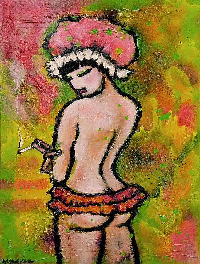 Shower Girl 2- Shower Cap & Frilly Knickers, Mixed media on canvas, $650, unframed 45×60.5cm
