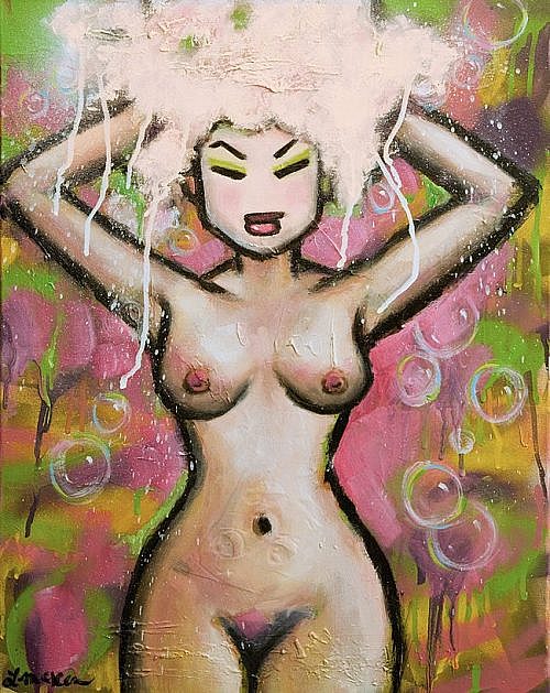 Shower Girl 1- Shampoo, Mixed media on canvas, $650, unframed, 45×60.5cm