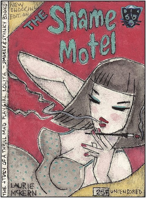 The Shame Motel V.E. 4/4. Hand coloured D.P. etching, 2 available, $300 framed, 38x42cm