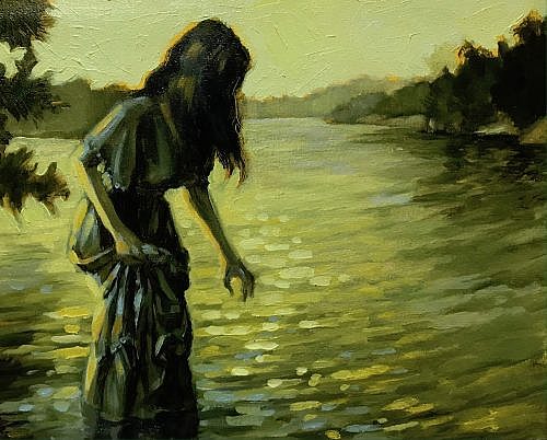 Mysterious lady on a lake in the morning