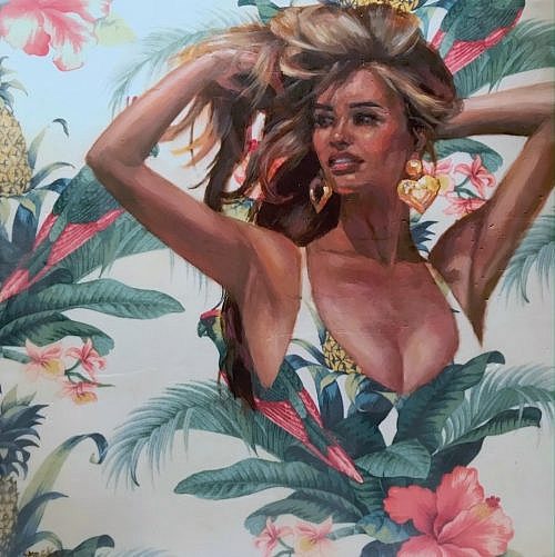 figurative, tropical paintings with hybiscus & parrots