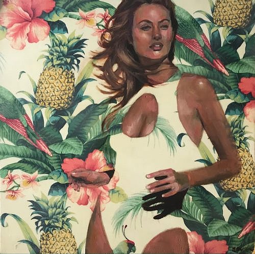figurative, tropical paintings with hybiscus & parrots & pineapples