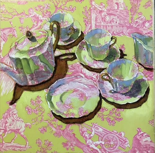 wedgewood tea set in pink and lime green oil painting