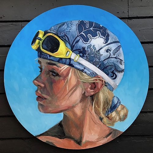 woman wearing vintage swim cap, large round oil painting