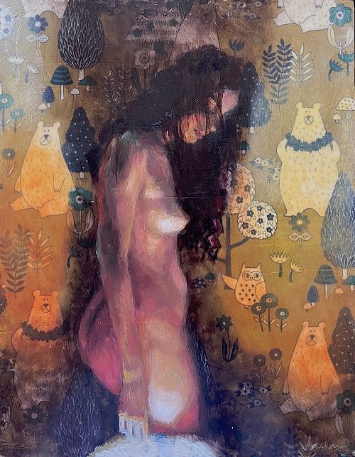 atmospheric oil painting of a nude female with wallpaper behind