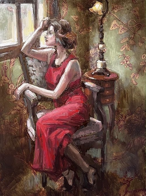 oil painting of sitting female painted on patterned paper