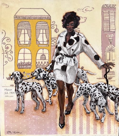 oil painting of Naomi Campbell walking dalmations
