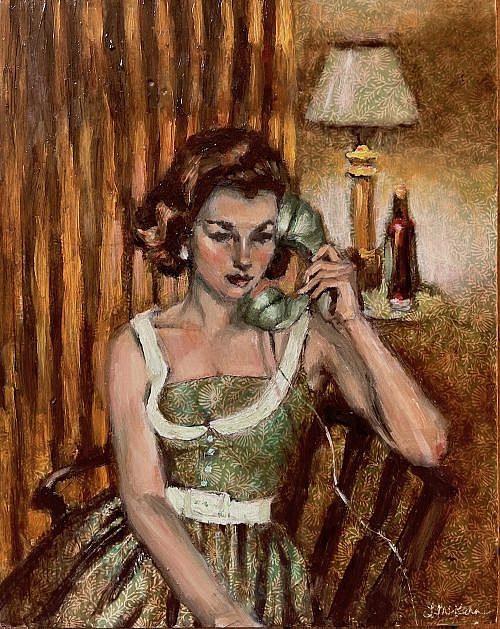 oil painting of female on retro telephone painted on patterned paper