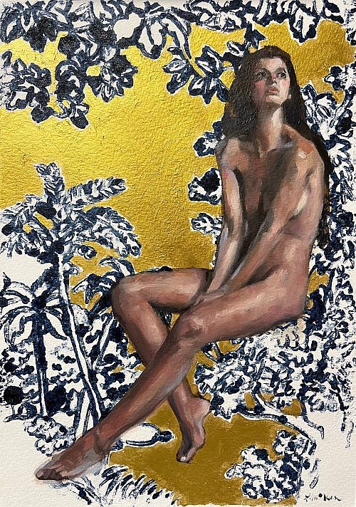 oil painting of nude sitting. monoprint toile design in the background